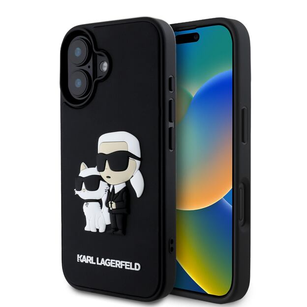 Karl Lagerfeld 3D Rubber Karl and Choupette Zadní Kryt pro iPhone 16 Plus Black