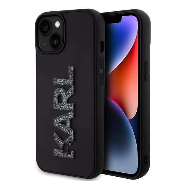 Karl Lagerfeld 3D Rubber Glitter Logo Karl Zadní Kryt pro iPhone 15 Black