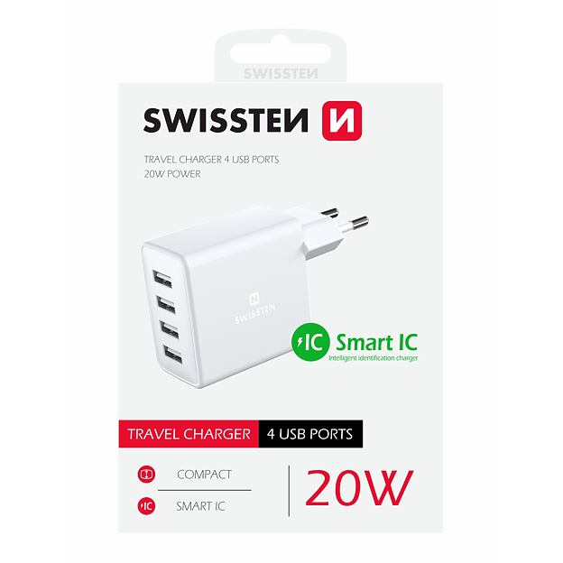 SWISSTEN SÍŤOVÝ ADAPTÉR 4x USB 4A 20W BÍLÝ