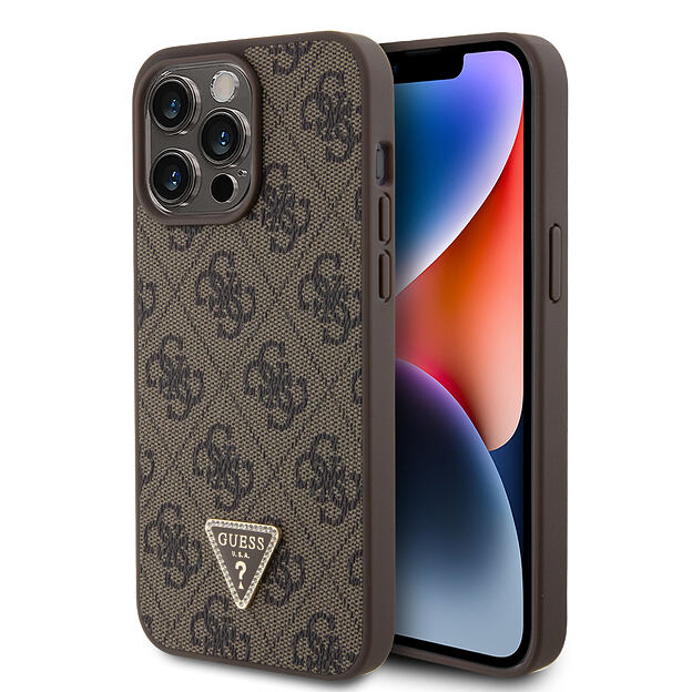 Guess PU 4G Strass Triangle Metal Logo Zadní Kryt pro iPhone 15 Pro Max Brown