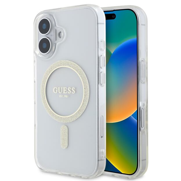 Guess IML Glitter Ring MagSafe Zadní Kryt pro iPhone 16 Transparent