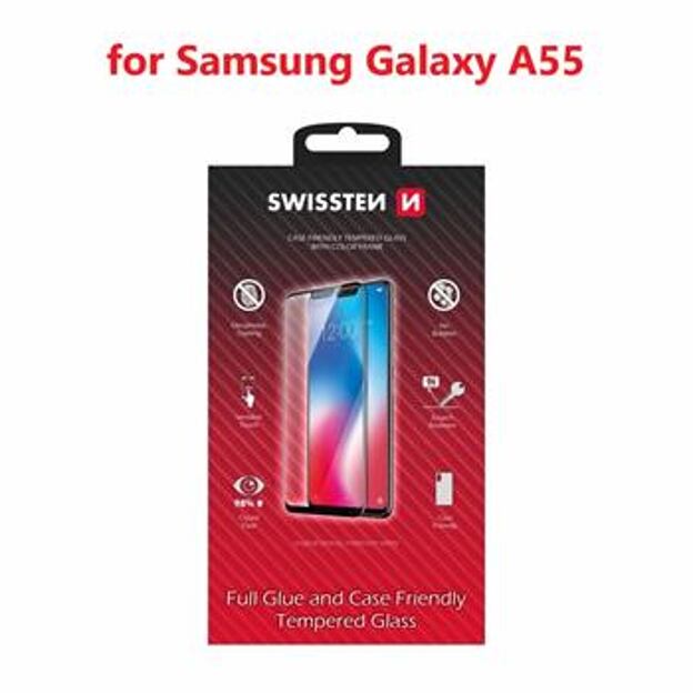 SKLO SWISSTEN FULL GLUE, COLOR FRAME, CASE FRIENDLY PRO SAMSUNG GALAXY A55 ČERNÉ