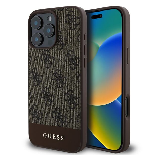 Guess PU 4G Stripe Zadní Kryt pro iPhone 16 Pro Brown