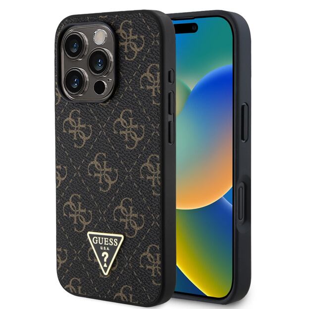 Guess PU Leather 4G Triangle Metal Logo Zadní Kryt pro iPhone 16 Pro Black