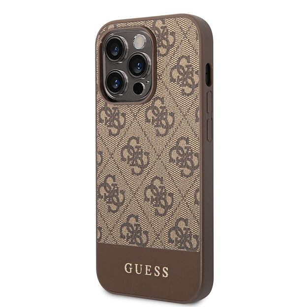 Guess PU 4G Stripe Zadní Kryt pro iPhone 14 Pro Brown