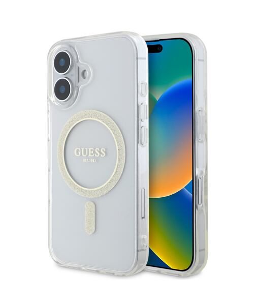 Guess IML Glitter Ring MagSafe Zadní Kryt pro iPhone 16 Plus Transparent