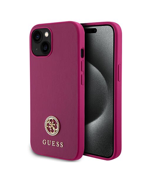 Guess PU 4G Strass Metal Logo Zadní Kryt pro iPhone 15 Pink