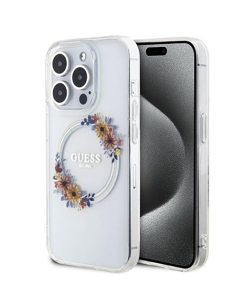 Guess PC/TPU Flowers Ring Glossy Logo MagSafe Zadní Kryt pro iPhone 14 Pro Max Transparent