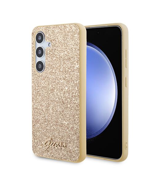 Guess PC/TPU Glitter Flakes Metal Logo Zadní Kryt pro Samsung Galaxy S24 Gold