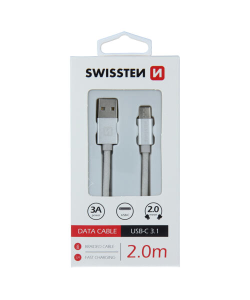 DATOVÝ KABEL SWISSTEN TEXTILE USB / USB-C 2,0 M STŘÍBRNÝ