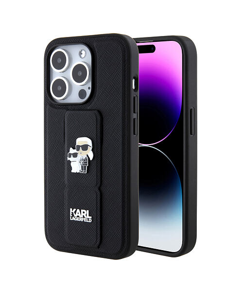 Karl Lagerfeld Saffiano Grip Stand Metal Logo Zadní Kryt pro iPhone 15 Pro Max Black