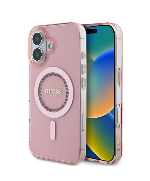 Guess IML Rhinestones Ring MagSafe Zadní Kryt pro iPhone 16 Pink