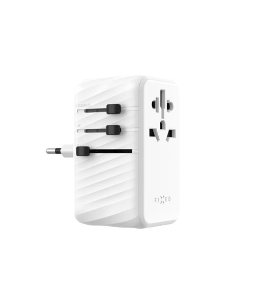 Cestovní adaptér FIXED Voyager 120W pro EU, UK a USA/AUS, s 3xUSB-C a 1xUSB výstupem, GaN, PD 120W,